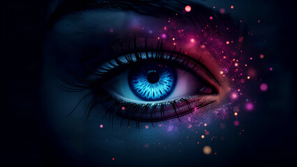 Fototapeta premium A Dazzling Eye Encircled by Enchanting Colors and Chinese Writings, Set Against a Mysterious Darkened Canvas of Optical Extravaganza