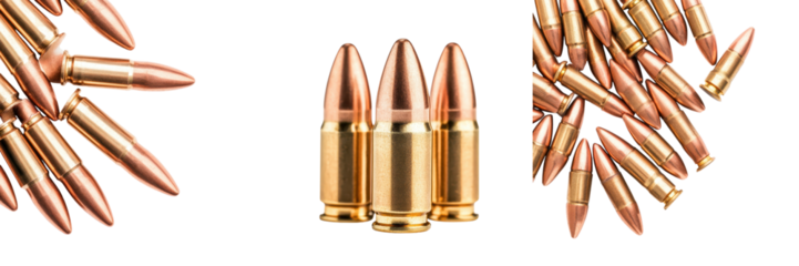Close up view of an assortment of copper bullets and ammunition casings for powerful firearms rifles handguns and other military grade weapons  Concept of armed combat military defense