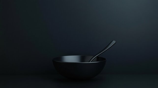 Empty black bowl with a tablespoon in low-key lighting; minimalist concept with dark tones and open space for text