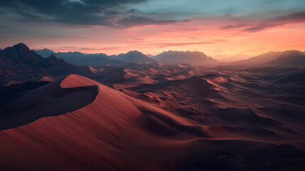 Fototapeta premium Overhead shot of a desert landscape at sunrise, gentle hues of pink and orange highlighting the dunes, with long shadows creating textured patterns across the sand.