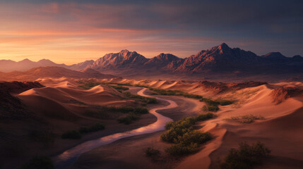 Fototapeta premium Aerial perspective of a dry riverbed cutting through vast sand dunes, the golden sands glowing under the afternoon sun, with rugged mountains on the horizon and a clear blue sky above.