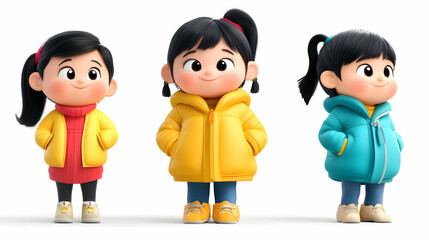 Three adorable cartoon girls in winter clothes, standing in a row, looking happy.