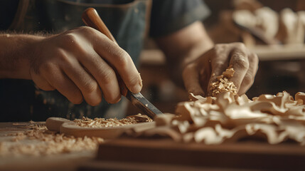 Close-up of a woodworker's hands carving intricate details in a workshop, highlighting craftsmanship, precision, and the beauty of woodworking in a rustic and artistic environment

