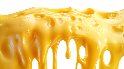 Melting cheese runs from top to bottom, golden yellow, isolated, 