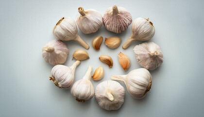 Fototapeta premium Whole garlic bulbs with cloves scattered around, forming a circular pattern on a clean background.