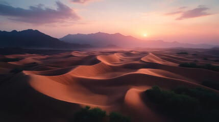 Naklejka premium Drone shot of a sprawling desert landscape, the sand dunes forming intricate patterns in the early morning light, the sky a gradient of pink and orange.