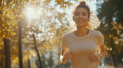 Young woman, female young girl wearing headphones running on sunny day