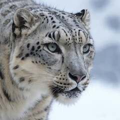 Naklejka premium A close-up portrait of a snow leopard, showcasing its striking features and piercing blue eyes. The image captures the animal's powerful presence and its adaptation to the harsh, snowy environment.