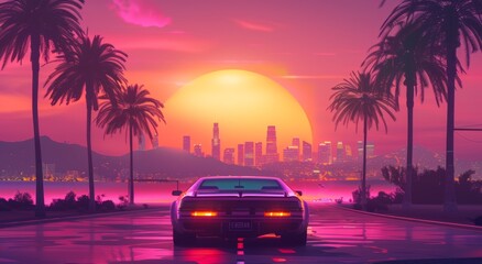 Obraz premium Vaporwave car, holographic 80s sun and sky. Pink summer glow drive. Nature shine landscape poster. Retrowave neon miami with tropical gradient road. Retro violet cyberpunk palm