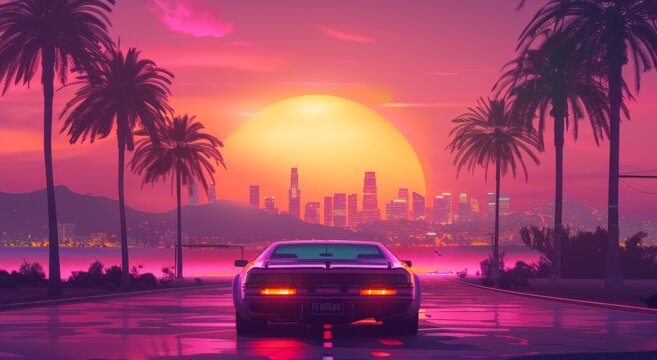 Vaporwave car, holographic 80s sun and sky. Pink summer glow drive. Nature shine landscape poster. Retrowave neon miami with tropical gradient road. Retro violet cyberpunk palm