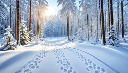Obraz premium Sunlit winter forest path with fresh snow footprints and tall pine trees