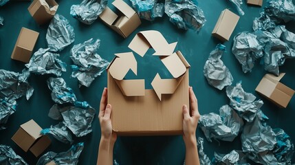 Hands holding a cardboard box with a recycling symbol, surrounded by crumpled paper, symbolizing sustainable materials.