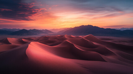 Naklejka premium High-angle view of a desert landscape bathed in golden sunset light, with dunes casting dramatic shadows and a sky lit up in vivid oranges and pinks.