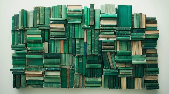 An assemblage of emerald-hued books adorns a pristine white expanse, inviting exploration into the cherished realm of knowledge.