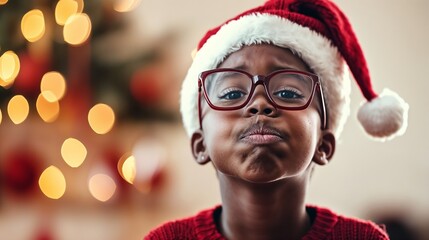 Child in Santa hat pouting with festive background lights