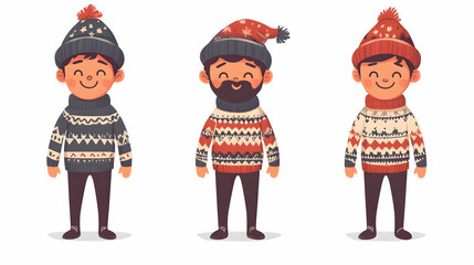 Three cartoon men in winter outfits with different hats and facial hair.