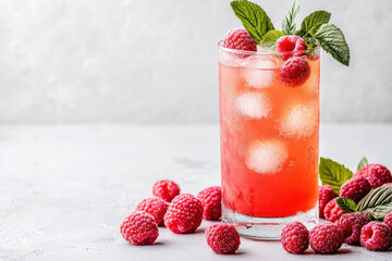Refreshing raspberry iced tea with mint leaves and ice cubes, garnished with fresh raspberries. Perfect for hot day or summer gathering
