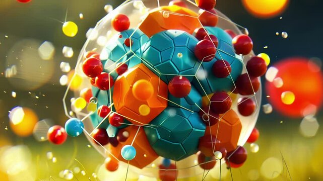 A playful depiction of the atoms in a soccer ball with electrons zooming between the protons and neutrons in its core.