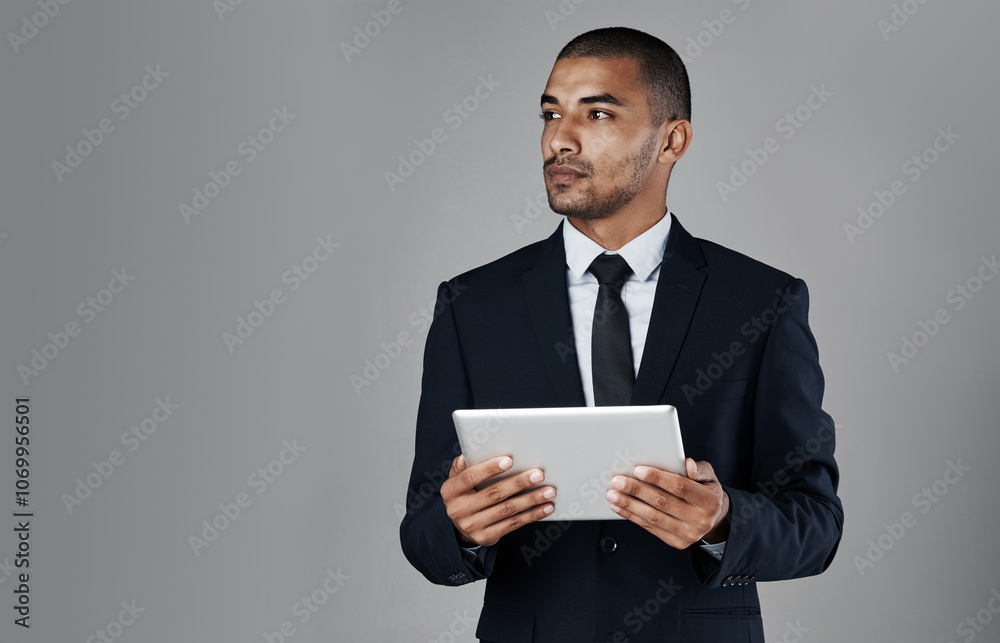 Aufkleber businessman, trader and thinking with tablet in studio for profit, revenue or app on a gray backgrou