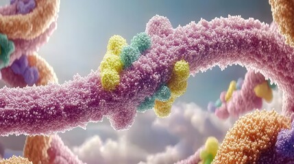 Naklejka premium Colorful molecular structures intertwined in an abstract representation of biological processes, showcasing intricate details and vibrant patterns.