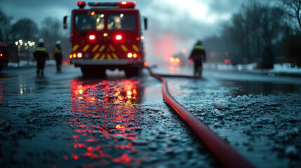 fire engine with long hose on wet road, firefighters working in background, dramatic lighting and atmosphere