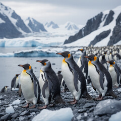 Fototapeta premium A colony of King Penguins standing on a rocky beach, with a stunning backdrop of snow-capped mountains and icy waters.
