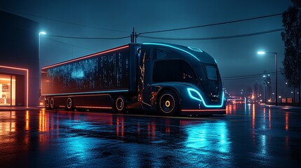Fototapeta premium High-Tech Electric Semi Truck with Neon Lights