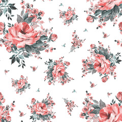 Abstract beautiful hand drawn pattern with rose and herbs