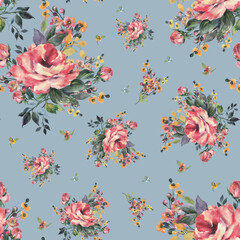 Abstract beautiful hand drawn pattern with rose and herbs