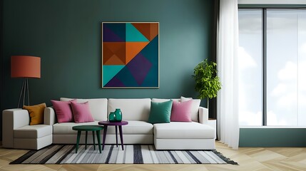 Modern Living room Concept . Minimalist interior design of modern living room with white sofa with colorful pillows at abstract Background .