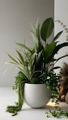 A serene and minimalist composition featuring a lush arrangement of fresh plants with varying shades of green, from soft moss and sage to deep emerald and lime, set against a clean and neutral backgro