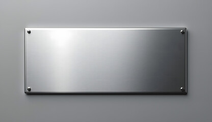 Blank metallic nameplate on smooth gray background with reflective surface for personalizing concepts