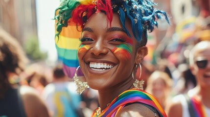 A person with rainbow-themed hair smiling at a pride rally.