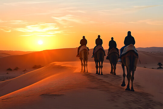 Discover a magical sunset camel trek across golden sand dunes, capturing the beauty of desert landscapes and offering a unique adventure for travelers and photographers

