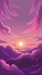 A serene landscape depicting a breathtaking sunset with a kaleidoscope of warm hues, predominantly featuring vibrant shades of purple and pink that gradually dissolve into soft oranges and yellows.