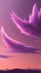 A serene landscape depicting a breathtaking sunset with a kaleidoscope of warm hues, predominantly featuring vibrant shades of purple and pink that gradually dissolve into soft oranges and yellows, se