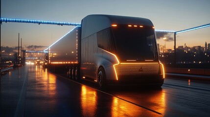 Electric Semi Truck Driving at Dusk