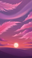 A serene landscape depicting a breathtaking sunset with a kaleidoscope of warm hues, predominantly featuring vibrant shades of purple and pink that gradually dissolve into soft oranges and yellows, se