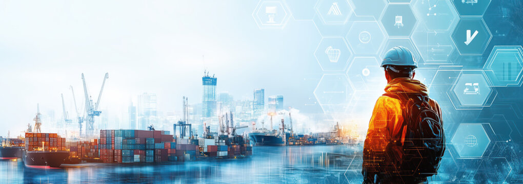 Engineer at the shipping port for logistic concept with innovation hologram data on the background.
