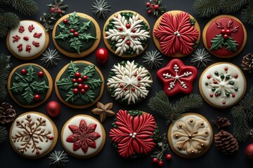 Fototapeta premium decorated Christmas cookies with green, red, and white icing, featuring holly leaves, poinsettias, snowflakes, pine trees, and stars.