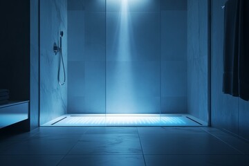 Modern blue-tinted minimalist shower with overhead light