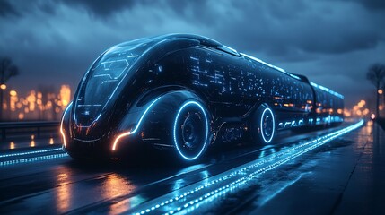 Fototapeta premium Futuristic Electric Truck on Smart Road at Dusk