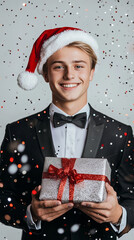 Xmas vibes - holiday season - merry christmas - sexy santa - happy smiling young blonde man waiting...