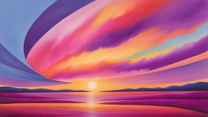 A serene landscape depicting a breathtaking sunset with a kaleidoscope of warm hues, predominantly featuring vibrant shades of purple and pink that gradually dissolve into soft oranges and yellows, se