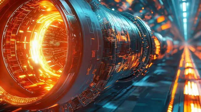 Futuristic energy reactor spinning in a digital tunnel with glowing orange lights