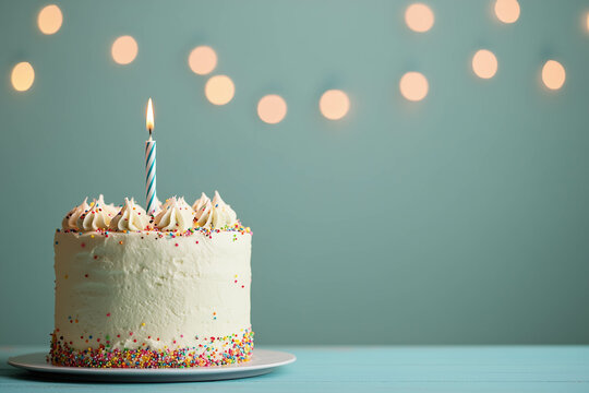 A pastel birthday cake with a light blue background and copy space. 