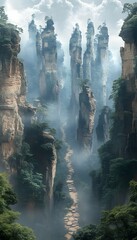 Obraz premium Ancient stone forest with towering rock pillars and misty atmosphere