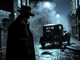 Mysterious Man in a Foggy City Street at Night - Vintage Car and Cobblestone Road