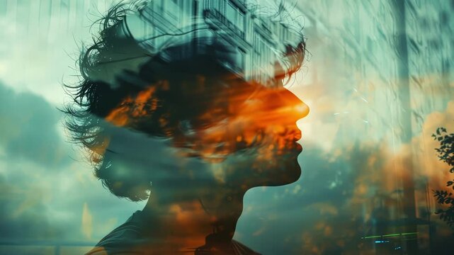 An experimental film with multiple layers of footage showcasing a person existing in different times and places simultaneously.