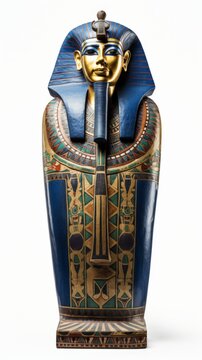 beautifully decorated egyptian sarcophagus isolated on white background
